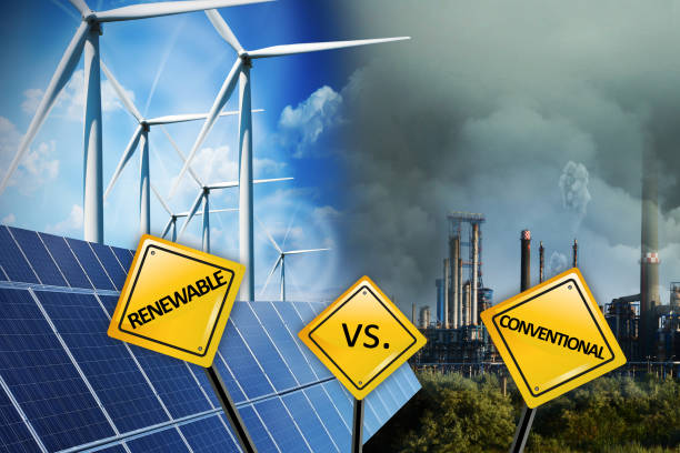 istock Renewable versus conventional energy with yellow road signs 824032998