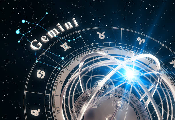 istock Zodiac Sign Gemini And Armillary Sphere On Black Background 824033154