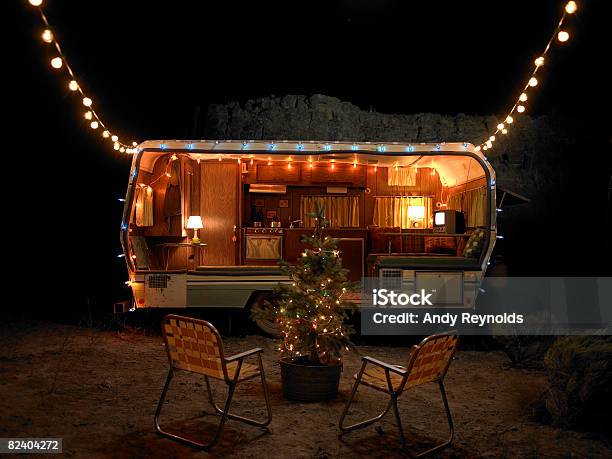 Trailer At Night With Christmas Decorations Stock Photo - Download Image Now - Christmas, Camping, Camper Trailer