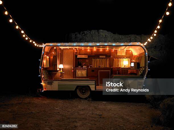 Trailer With Lights Stock Photo - Download Image Now - Motor Home, Camping, Night