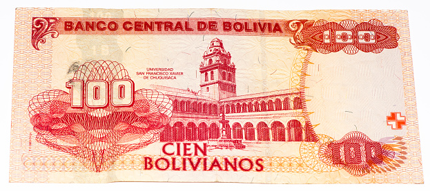 VELIKIE LUKI, RUSSIA - JULY 30, 2015: 100 bolivianos bank note. Bolivianos is the national currency of Bolivia