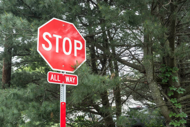 istock traffic classic all sides red and white stop sign with trees 824060376