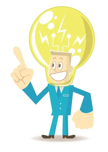 Vector illustration of Smiling businessman with an idea light bulb head, giving a presentation, pointing at upward by index finger