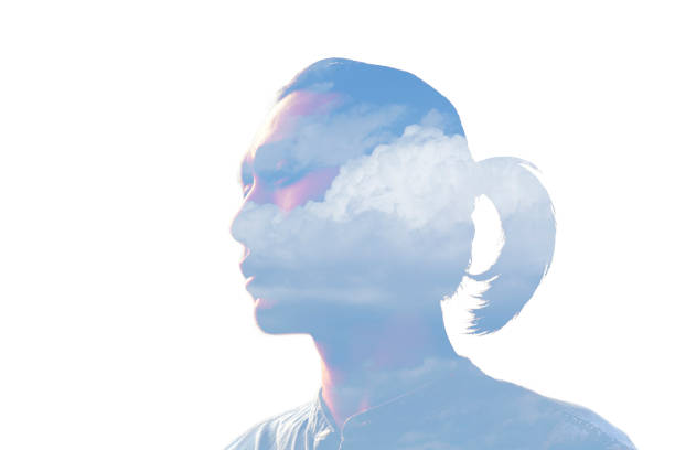 istock Double exposure man and and blue clouds. Creative portrait. 824078278
