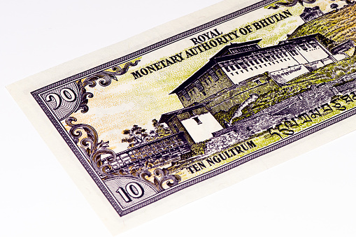 10 ngultrum bank note of Bhutan. Ngultrum is the national currency of Bhutan