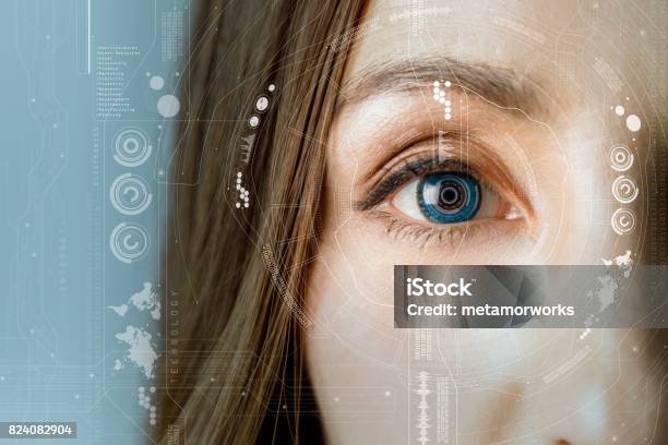 Ojo Humano E Interfaz Gráfica Concepto De Lente De Contacto Inteligente Foto de stock y más banco de imágenes de Ojo