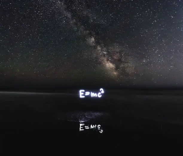 Einstein's theory of special relativity under the Milky Way.  Long exposure with light painted text.