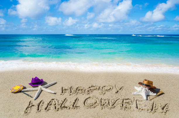 istock Halloween background on the beach with starfishes 824090554