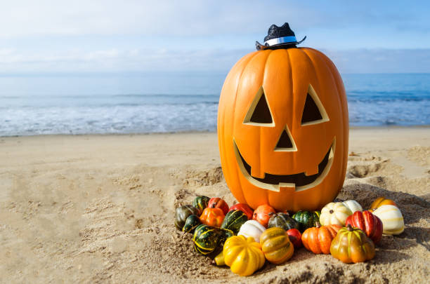 istock Halloween pumpkin background on the beach 824090774