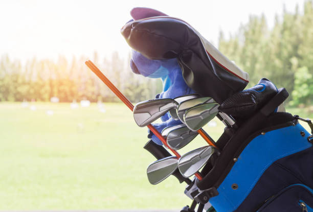 istock Metal golf clubs in leather baggage 824096992