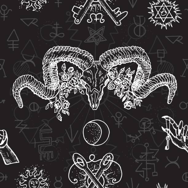 Seamless background with mystic, alchemical and freemason symbols Occult and esoteric vector illustration, gothic pattern satan goat stock illustrations