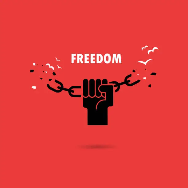 Vector illustration of Human hands and broken chain with the bird symbols.Freedom concept.Vector illustration