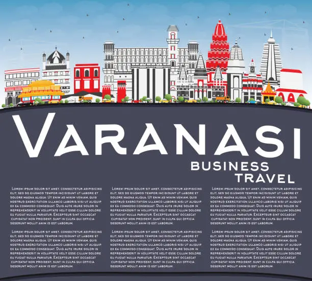 Vector illustration of Varanasi Skyline with Color Buildings, Blue Sky and Copy Space.