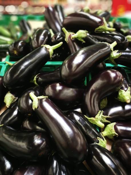 aubergines fraîches à vendre sur un marché - italian eggplant photos et images de collection