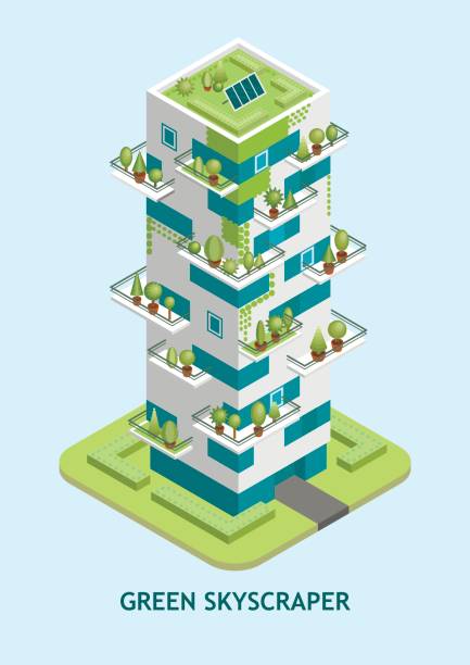 ilustrações de stock, clip art, desenhos animados e ícones de vector isometric illustration of modern skyscraper with a green roof with solar panels. - multi story building