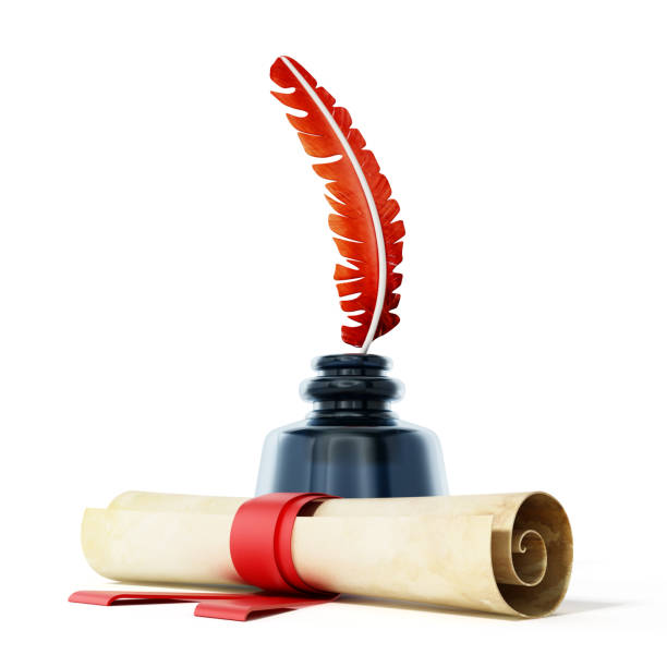istock Quill pen, ink well and rolled parchment isolated on white 824129328