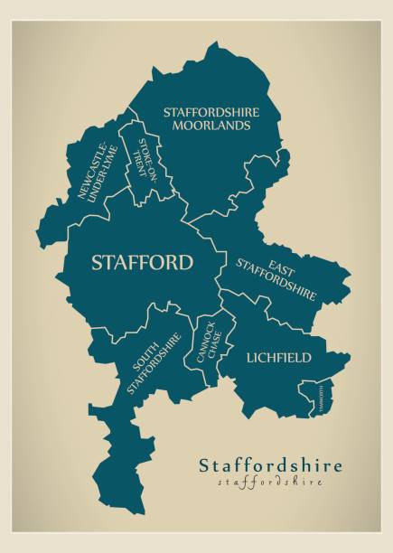 ilustraciones, imágenes clip art, dibujos animados e iconos de stock de mapa moderno - el condado de staffordshire con ilustración de reino unido inglaterra leyendas distrito - east midlands illustrations