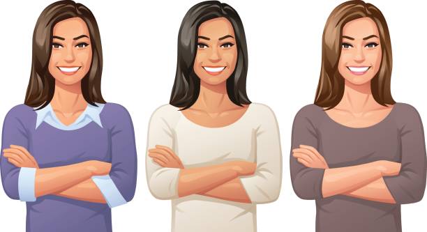Young Woman With Arms Crossed Vector illustration of a confident pretty young woman, in three variations and ethnicities, having her arms crossed, looking at the camera. black hair illustrations stock illustrations