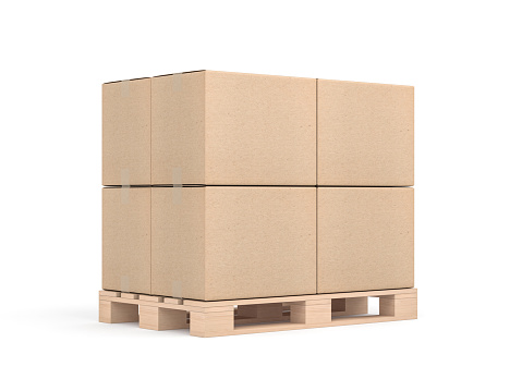 Pila de maqueta de cuatro cajas de cartón en la plataforma del euro en sudio blanco photo