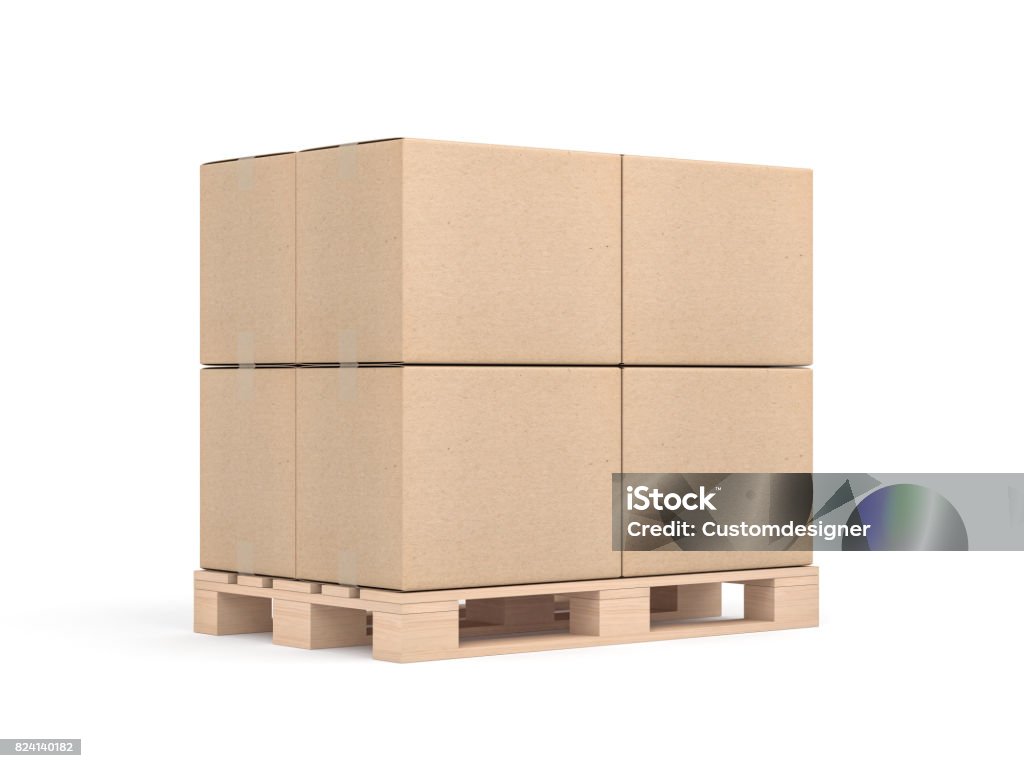 Stack of Four cardboard boxes mockup on euro pallet in white sudio Stack of Four cardboard boxes mockup on euro pallet in white sudio, 3d rendering Pallet - Industrial Equipment Stock Photo