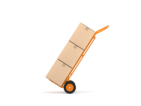 Orange Hand Truck with three cardboard boxes isolated on white, 3d rendering