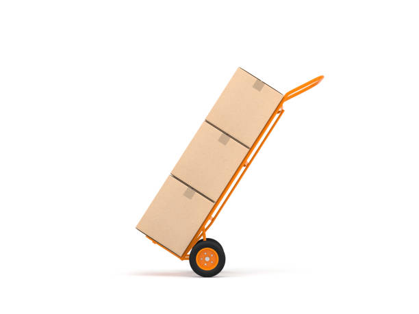 Orange Hand Truck with three cardboard boxes isolated on white Orange Hand Truck with three cardboard boxes isolated on white, 3d rendering sack barrow stock pictures, royalty-free photos & images