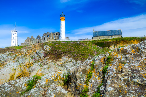 Panorama of lighthouse and ruin of monastery, Pointe de Saint Mathieu, Brittany (Bretagne), France