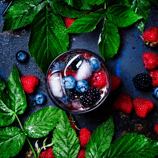 Berry iced cocktail with vodka, juice, soda, blueberry, blackberry and raspberry, top view Berry iced cocktail with vodka, juice, soda, blueberry, blackberry and raspberry vodka soda top view stock pictures, royalty-free photos & images