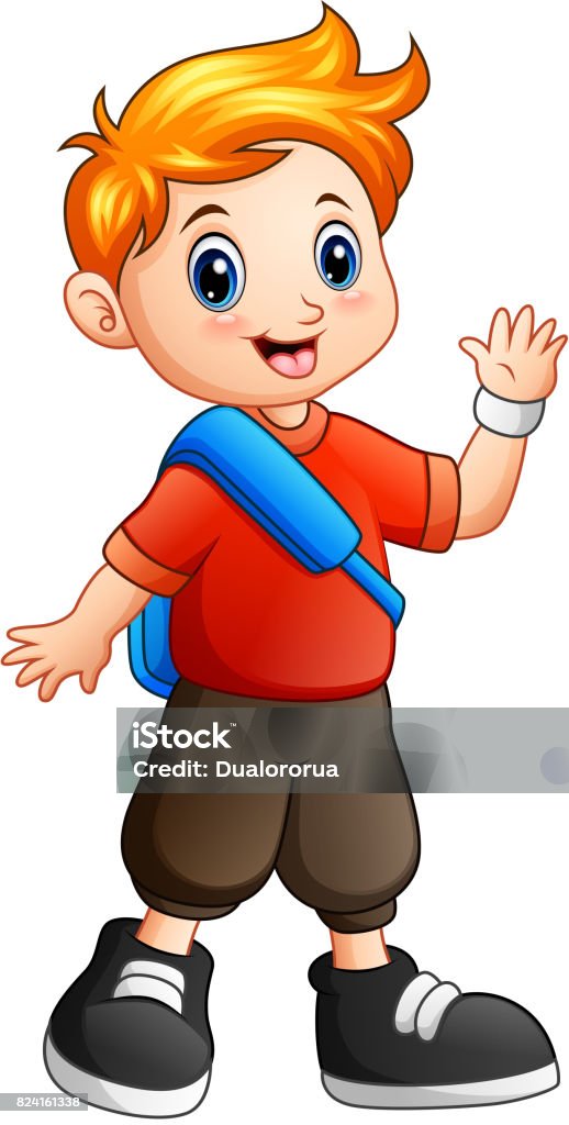 Cute Boy Cartoon Waving Hand Stock Illustration - Download Image Now - Back  to School, Backpack, Bag - iStock