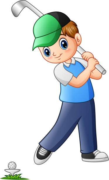 мультфильм мальчик играет в гольф - golf child sport humor stock illustrations