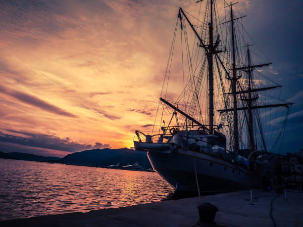 silhouette of the ship in sunset