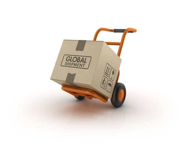 istock Hand Truck Carrying Global Shipment Cardboard Box  - 3D Rendering 824174092