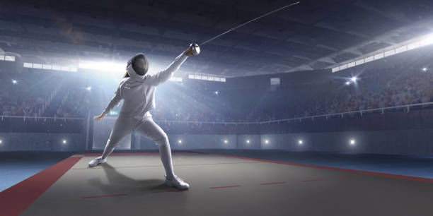 kobieta szermierz na dużej scenie zawodowej - fencing sport rivalry sword zdjęcia i obrazy z banku zdjęć