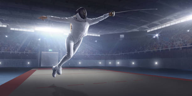 istock Female fencer on big professional stage 824174416