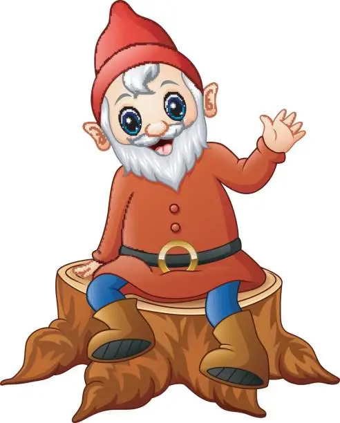 Vector illustration of Cartoon dwarf sitting on tree stump