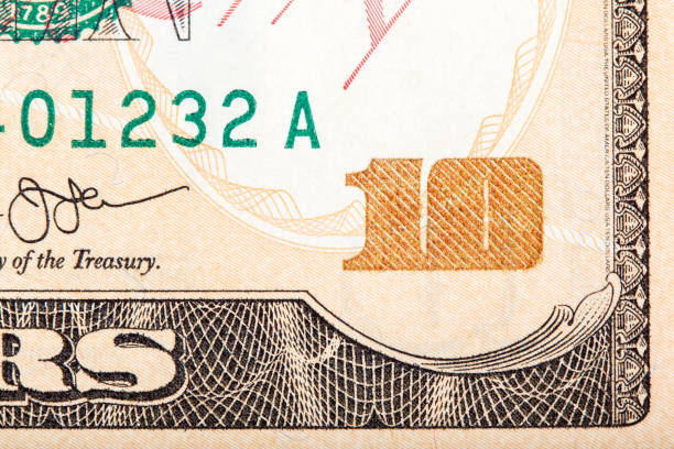 bezeichnung der zehn-dollar-nahaufnahme - fifty dollar bill number 50 currency close up stock-fotos und bilder
