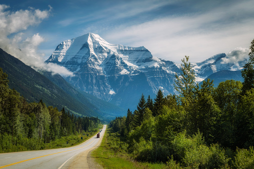 Scenic Yellowhead Highway in Mt. Robson Provincial Park with Mount Robson in the background.