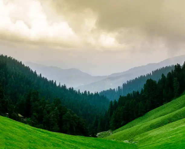 Glorious panoramic view of beautiful landscape of Janjheli valley near Shikari Devi Temple, India