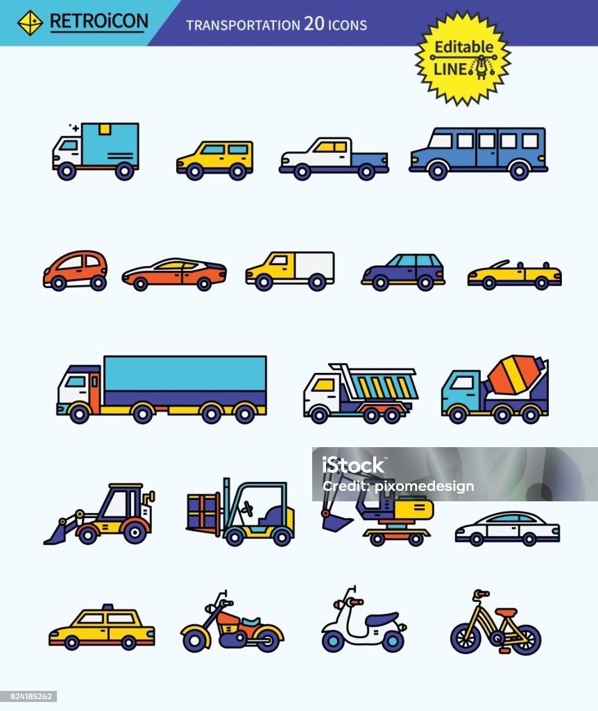 Modern retro thin line icons set of transportation. Premium quality outline symbol set. Simple linear pictogram pack. Editable line series Backhoe stock vector