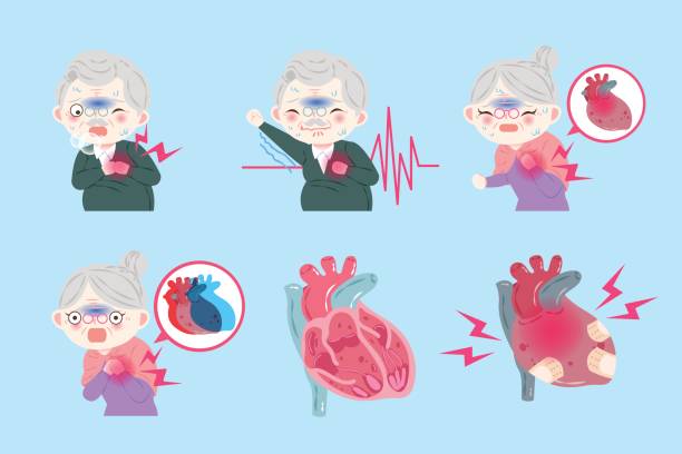 illustrazioni stock, clip art, cartoni animati e icone di tendenza di anziani con infarto - pain heart attack heart shape healthcare and medicine