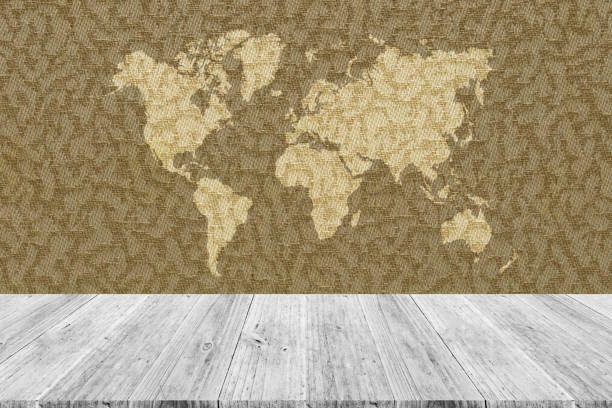 istock Wall texture background surface natural color, with white wood terrace and world map 824185778