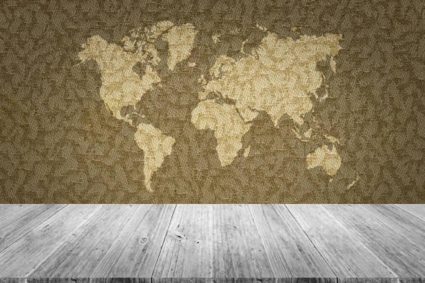 istock Wall texture background surface natural color, with white wood terrace and world map 824185922