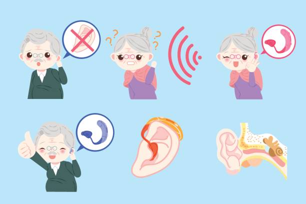 old people with ear problem old people with ear problem on the blue background old man cupping his ear to hear something stock illustrations