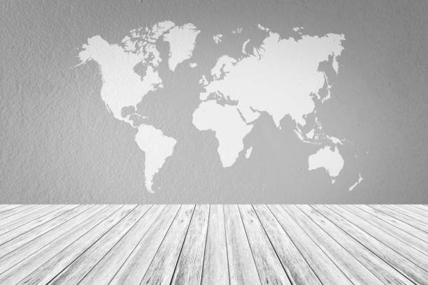 istock Wall texture background surface natural color, with white wood terrace and world map 824186364