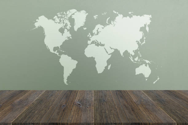 istock Wall texture background surface natural color, with white wood terrace and world map 824186754