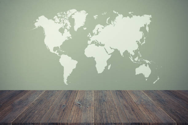 istock Wall texture background surface natural color, with white wood terrace and world map 824186830