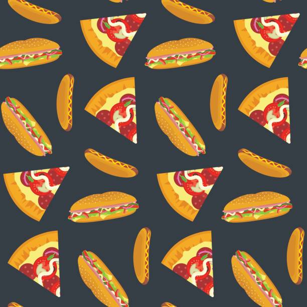 ilustrações de stock, clip art, desenhos animados e ícones de flat bright color fastfood pattern on dark background - mozzarella tomato sandwich picnic
