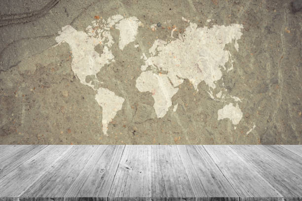 istock Stone wall texture background surface natural color with wood terrace with world map 824197494