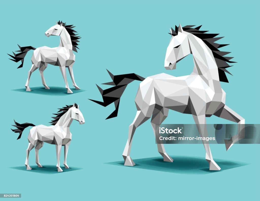 Ba Con Ngựa Hình Đa Giác Thấp Trên Nền Teal Đứng Chân Lên Bóng Tối ...