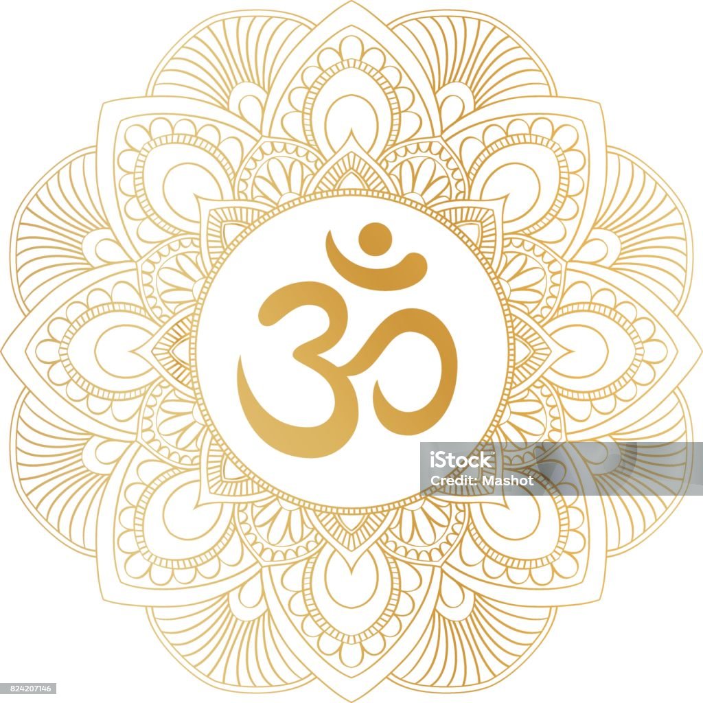 Goldenes Aum Om Ohm Symbol in dekorative Runde Mandala Ornament. - Lizenzfrei Om-Symbol Vektorgrafik